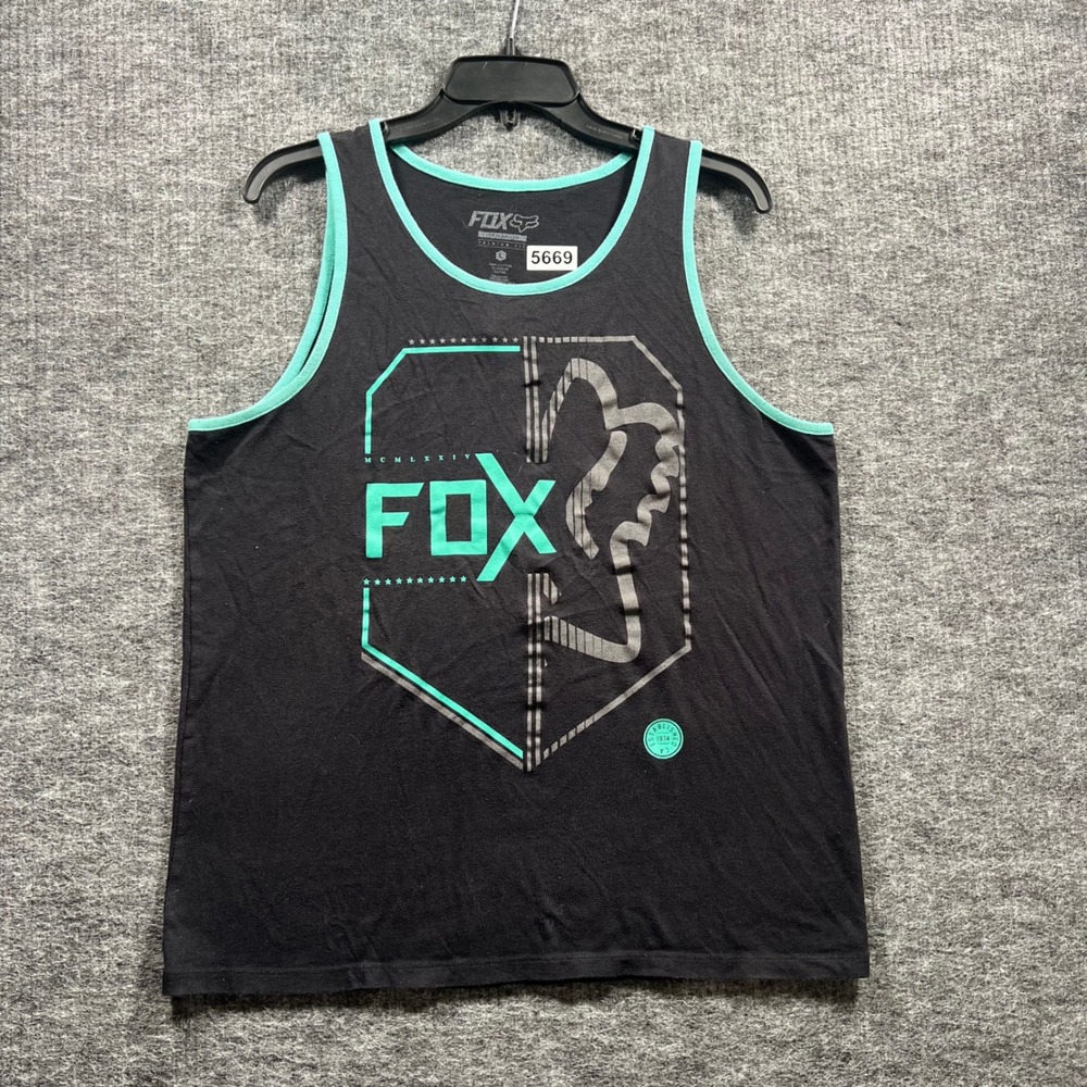 Fox Racing Mens Large Black Teal Graphic Premium Fit Cotton Tank Top